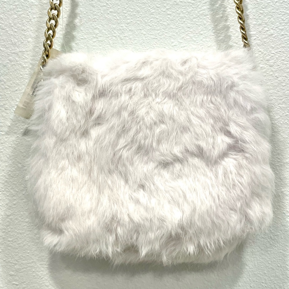 RARE JUICY Y2K HTF Vintage White Rabbit Fur and Leather Gold Crossbody